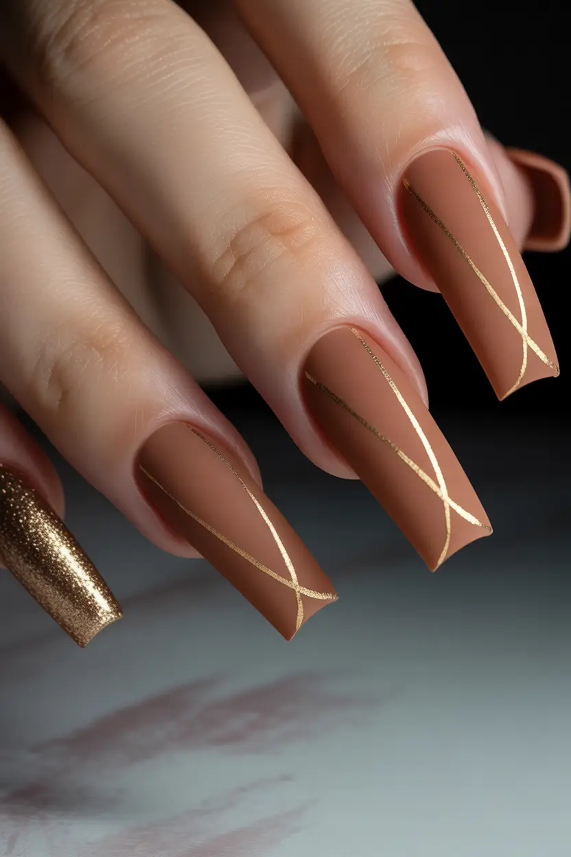 Popular Fall 2025 Nail Colors Mocha Matte with Golden Lines