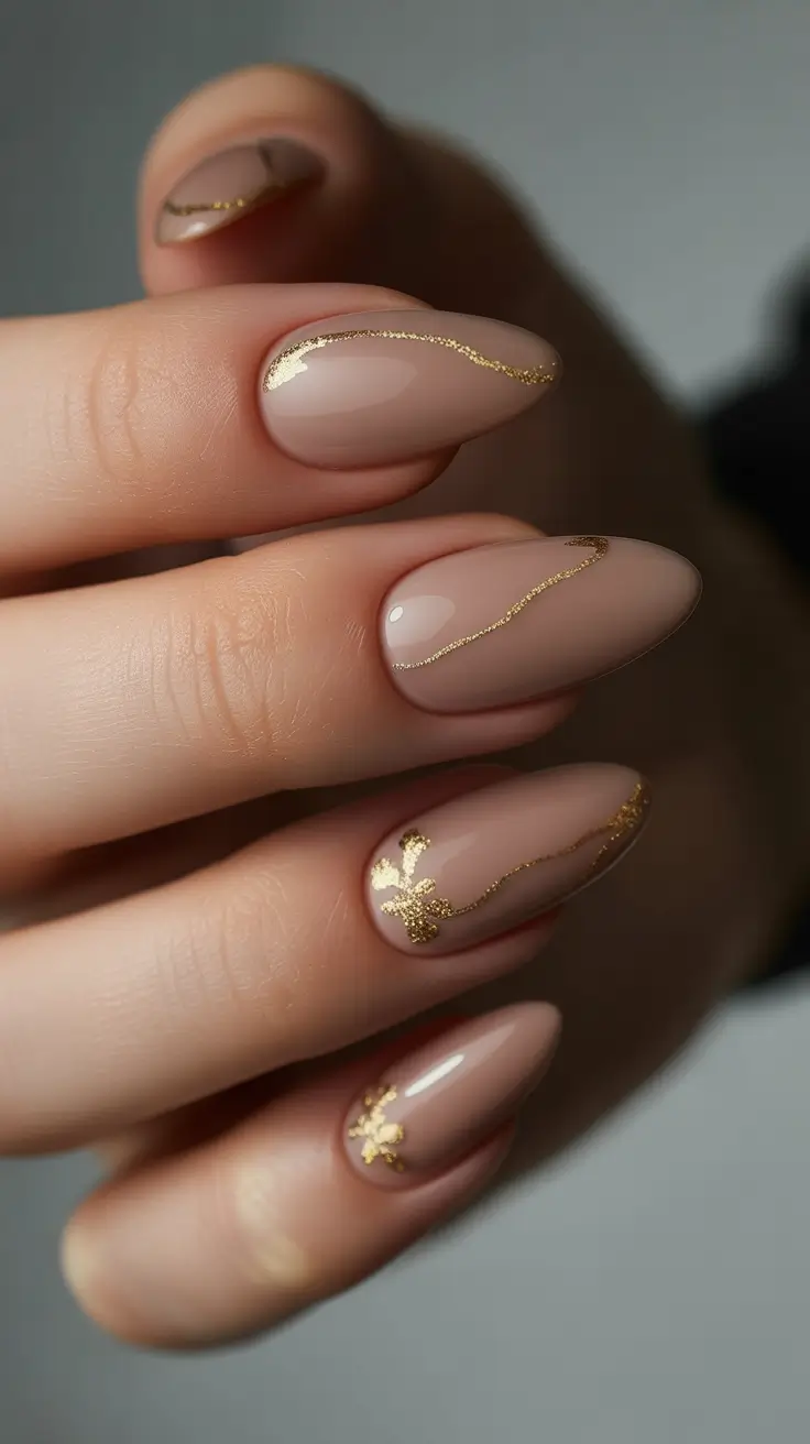 Popular Fall 2025 Nail Colors Soft Nude with Golden Accents