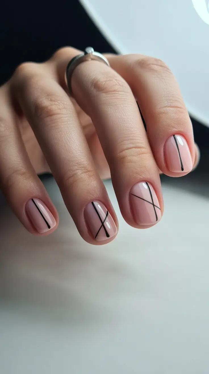Round-Shaped Fall Nails 2025 Ideas Minimalist Black Line Chic