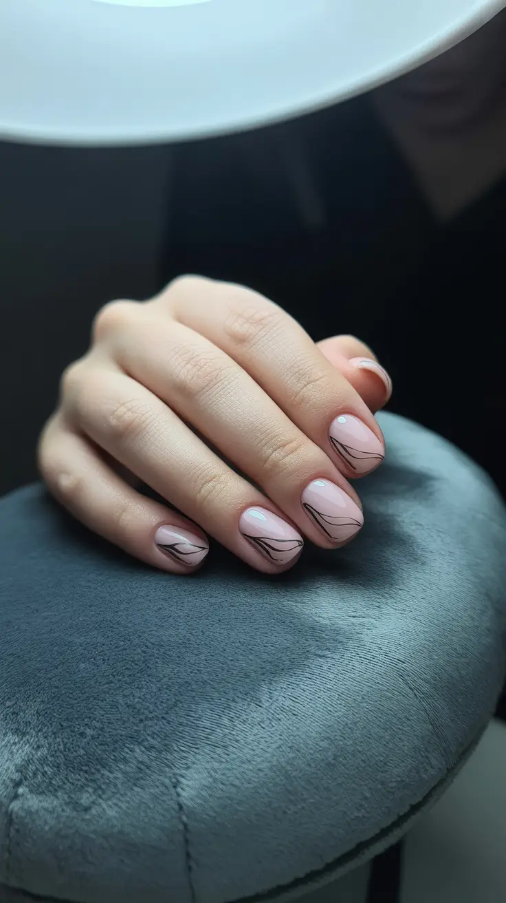 Round-Shaped Fall Nails 2025 Ideas Smoky Line Art on Nude