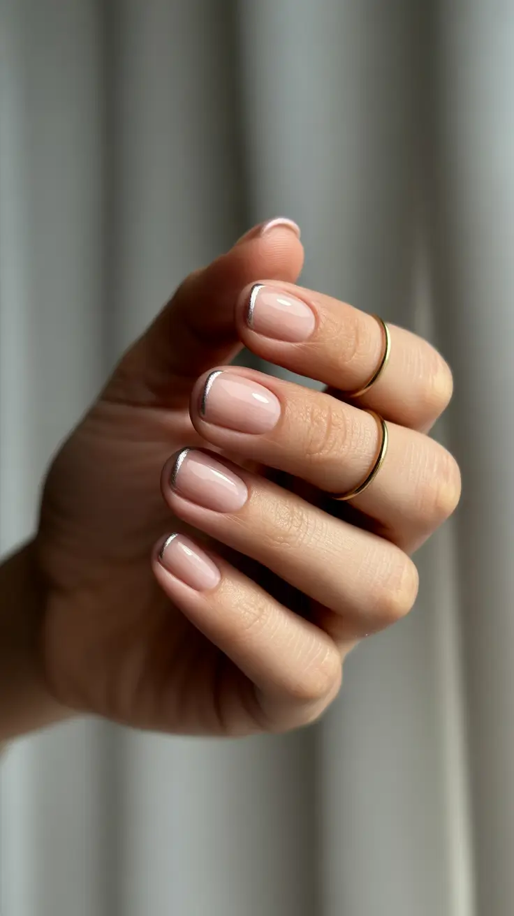 Round-Shaped Fall Nails 2025 Ideas Metallic-Tipped Nude