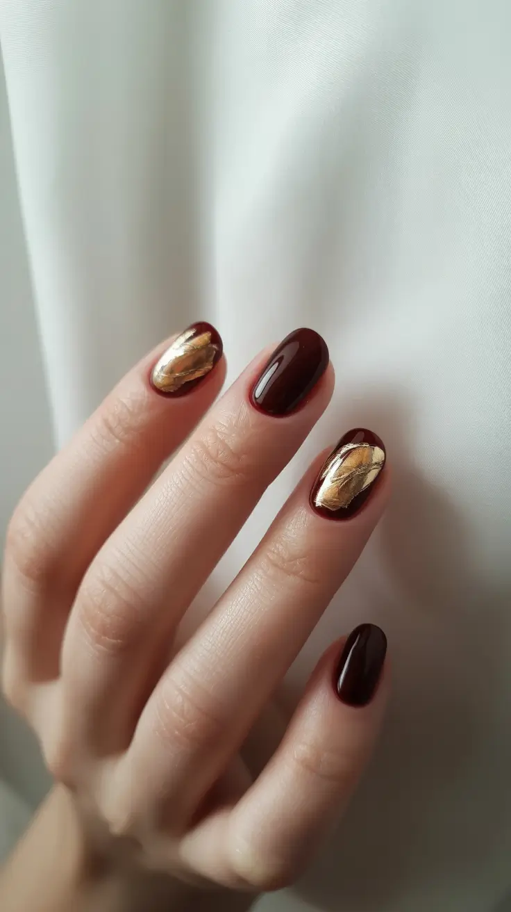 Round-Shaped Fall Nails 2025 Ideas Deep Wine with Golden Foil Drama