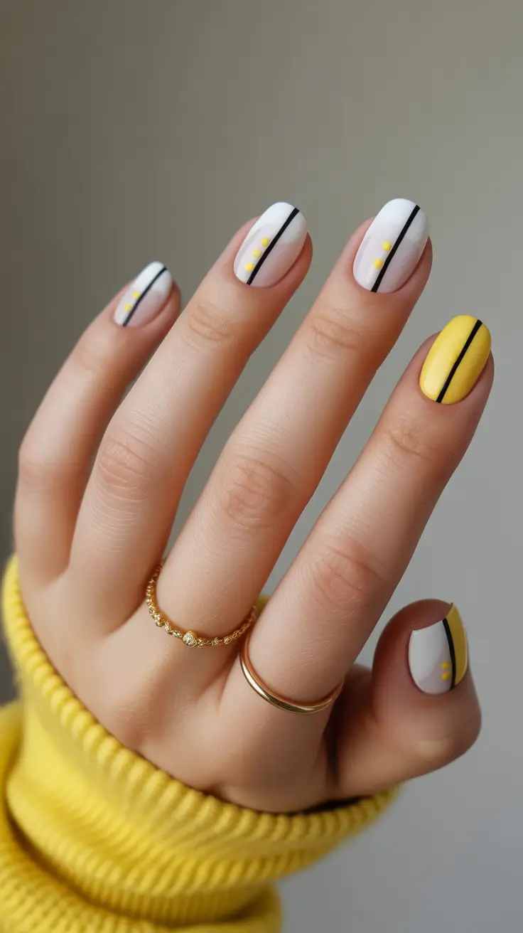 Round-Shaped Fall Nails 2025 Ideas Modern Monochrome with Yellow Pop
