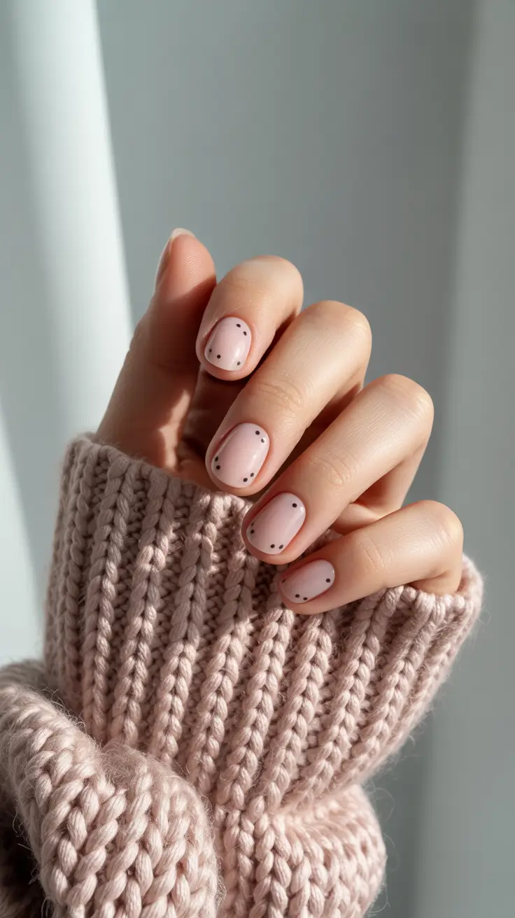 Round-Shaped Fall Nails 2025 Ideas Soft Pink with Minimal Dot Frames