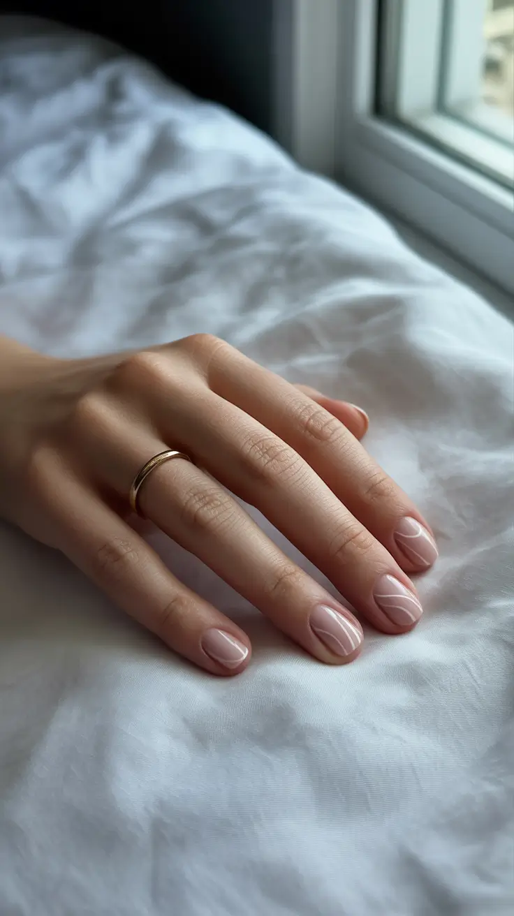 Round-Shaped Fall Nails 2025 Ideas Neutral Lines on Sheer Nude