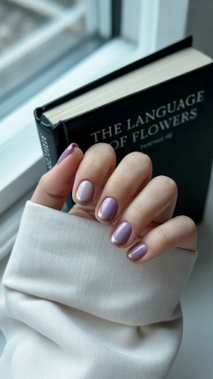 Round-Shaped Fall Nails 2025 Ideas Lavender Elegance with Golden Touch
