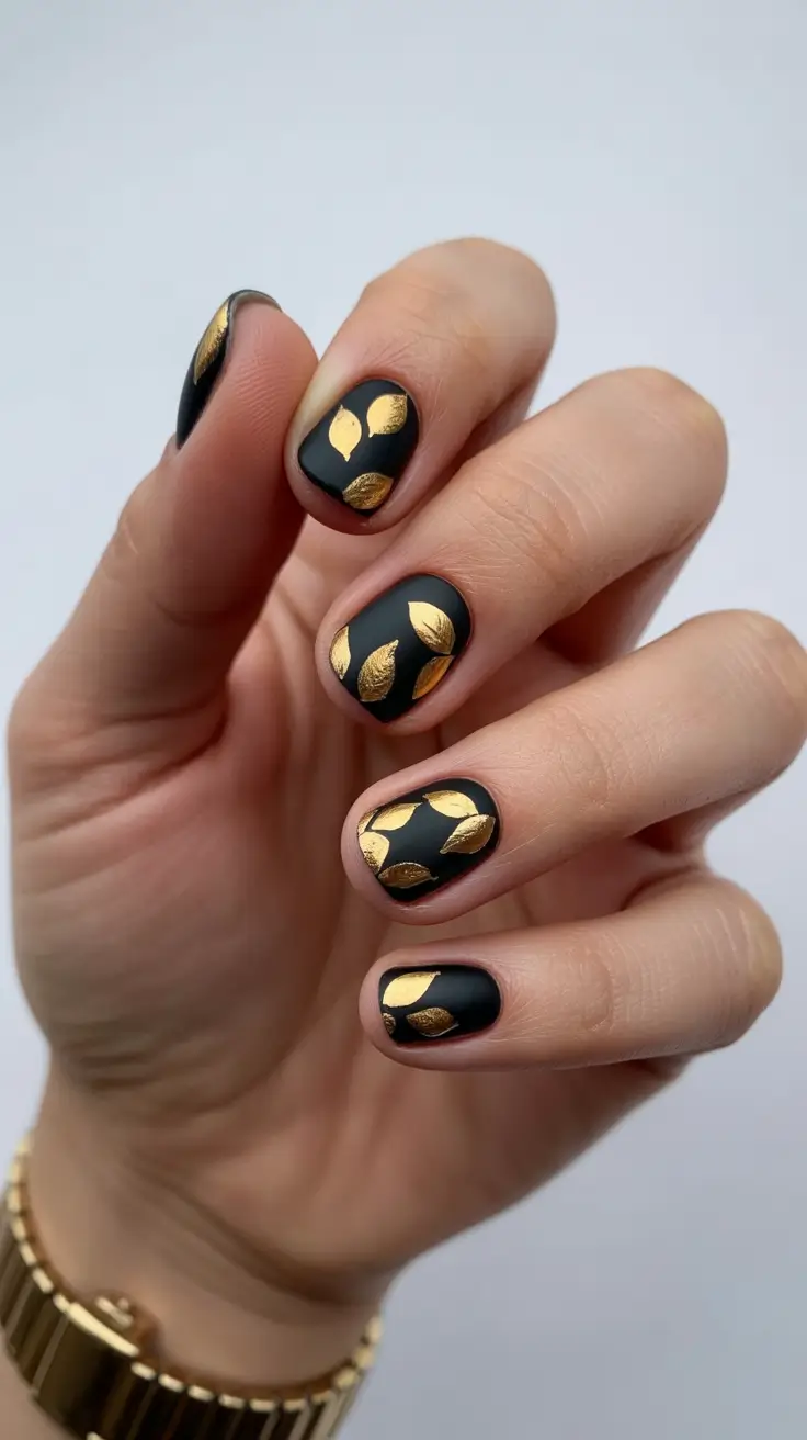 Round-Shaped Fall Nails 2025 Ideas Matte Noir with Gilded Leaves