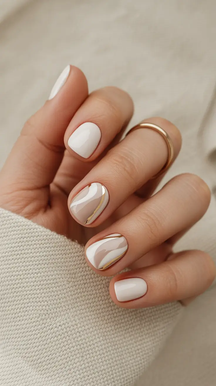 Round-Shaped Fall Nails 2025 Ideas White and Gold Swirl Elegance