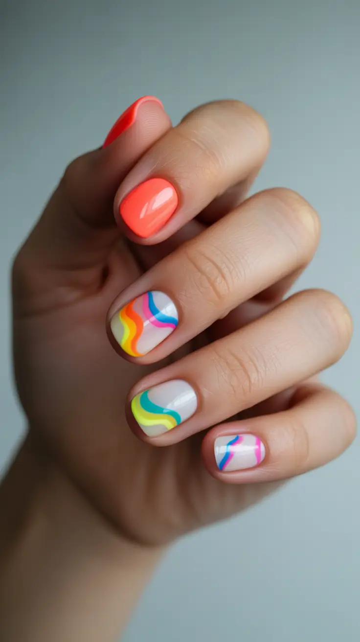Round-Shaped Fall Nails 2025 Ideas Retro Waves in Vivid Tones