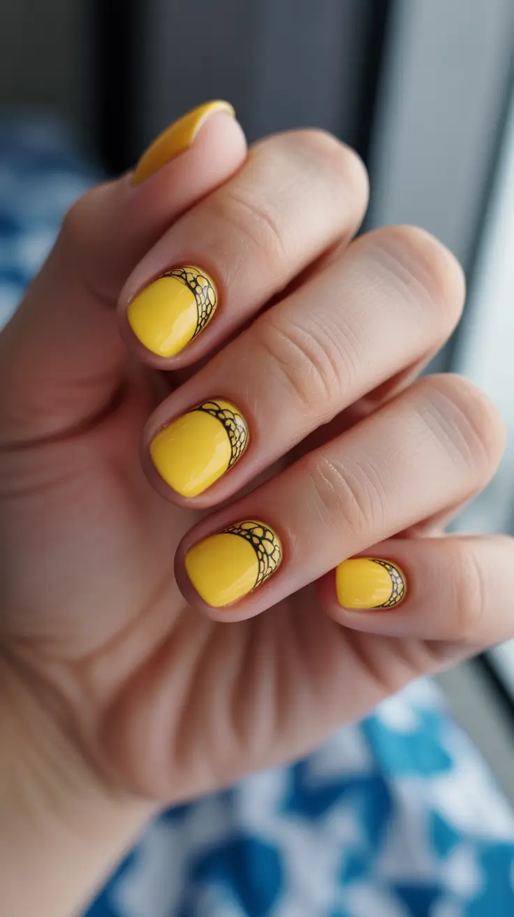 Round-Shaped Fall Nails 2025 Ideas Golden Web on Sunshine Yellow