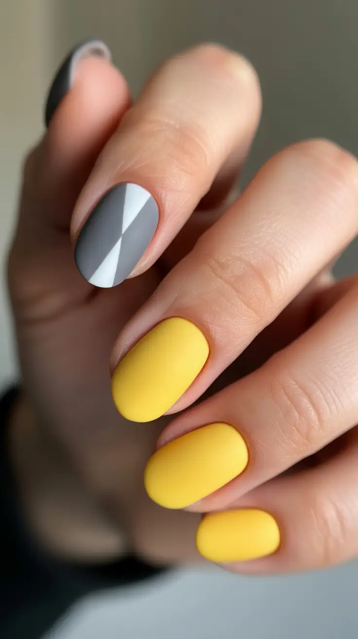 Round-Shaped Fall Nails 2025 Ideas Matte Mustard with Geometric Gray