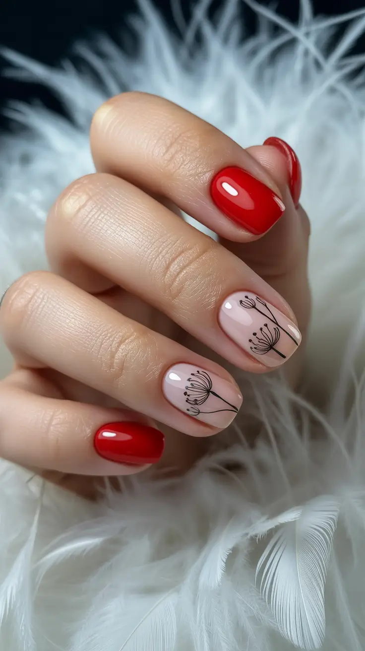 Round-Shaped Fall Nails 2025 Ideas Classic Red with Botanical Accents