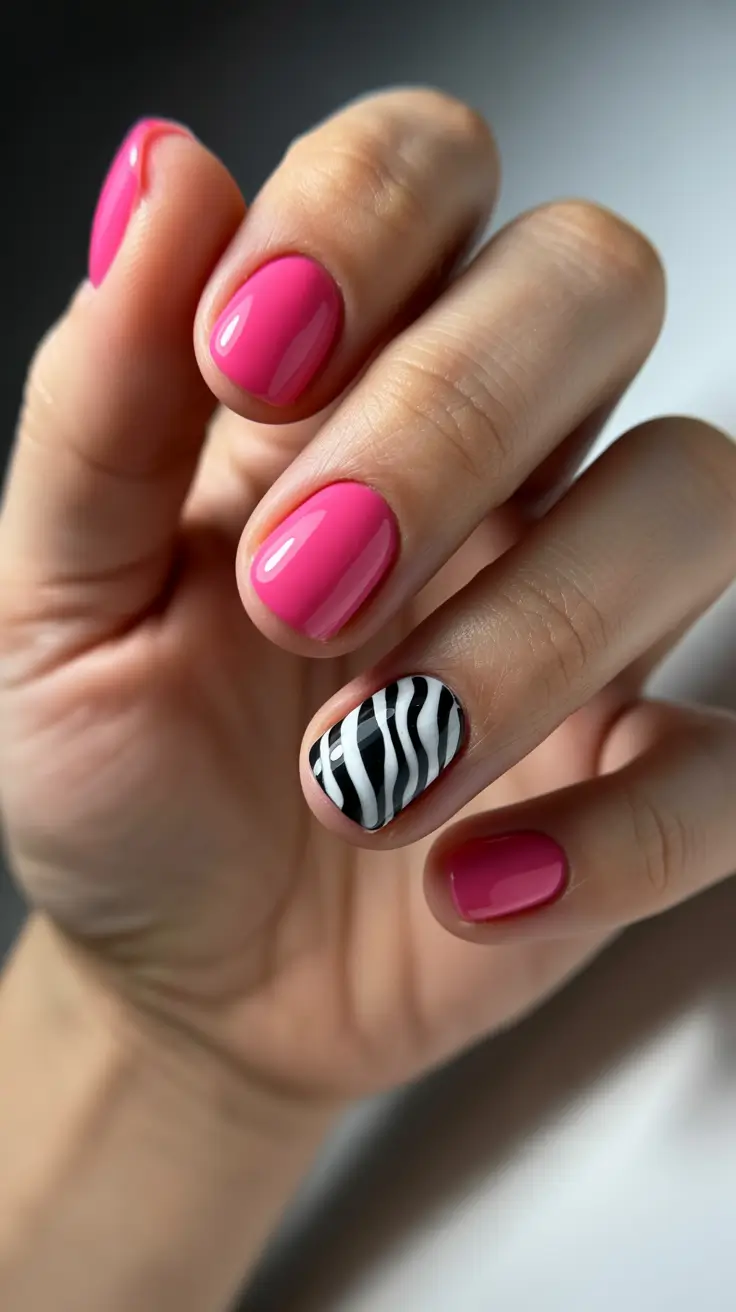 Round-Shaped Fall Nails 2025 Ideas Pink Pop with Zebra Twist