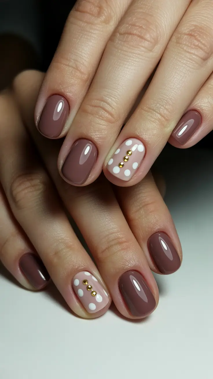 Round-Shaped Fall Nails 2025 Ideas Warm Cocoa with Playful Polka Accents