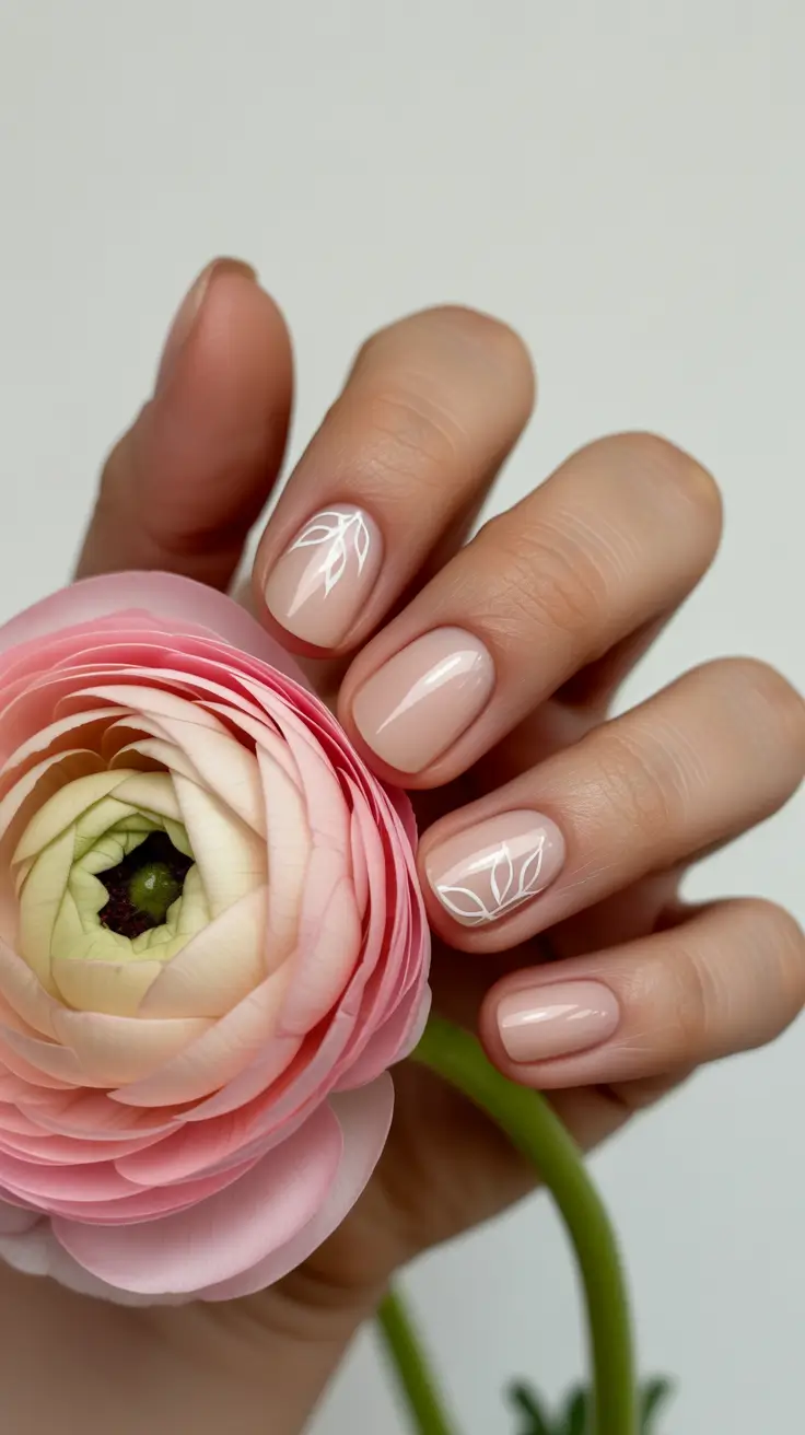 Round-Shaped Fall Nails 2025 Ideas Sheer Nude with Minimal Leaf Detail