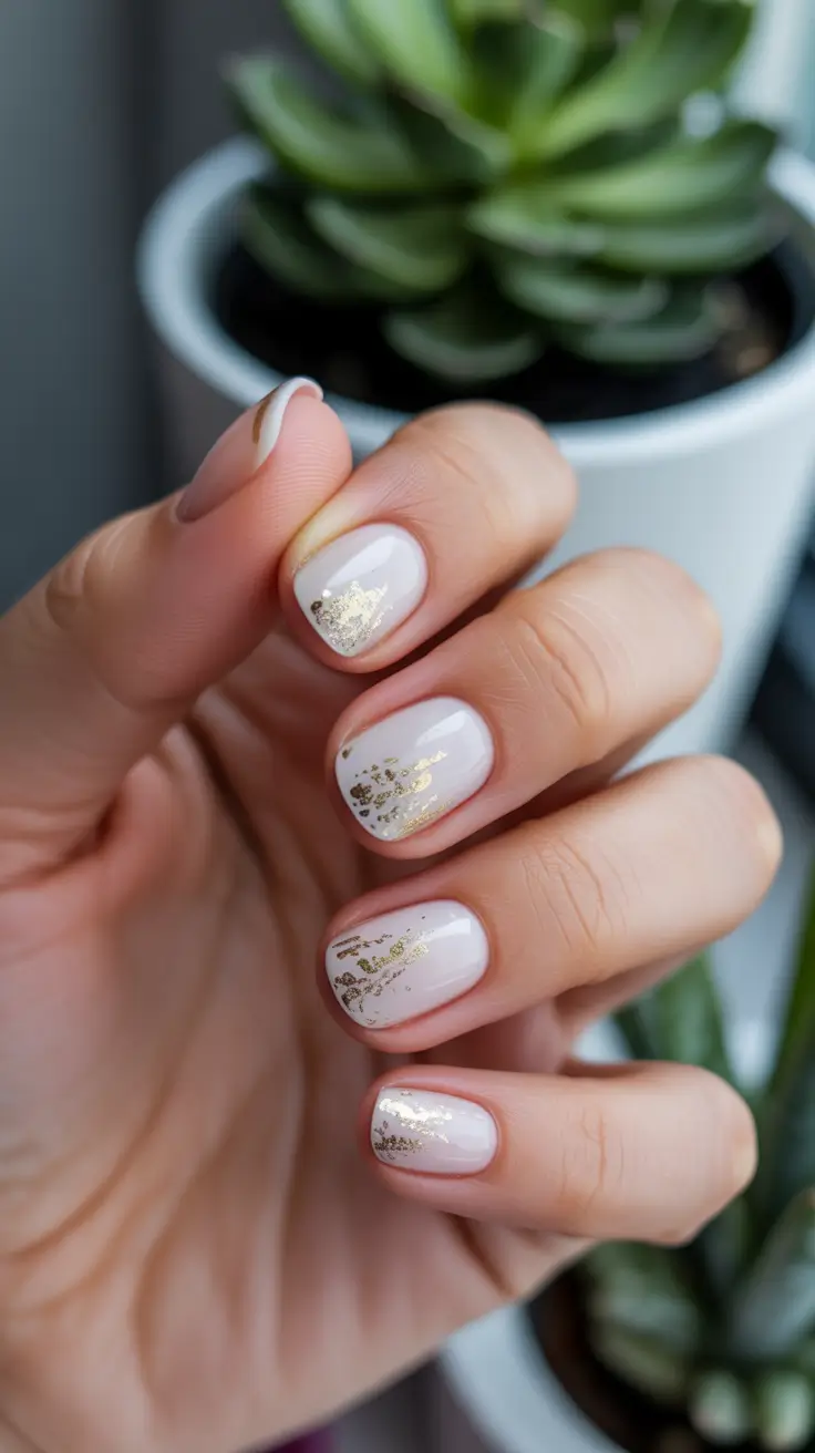 Round-Shaped Fall Nails 2025 Ideas Gold-Leaf Tipped White