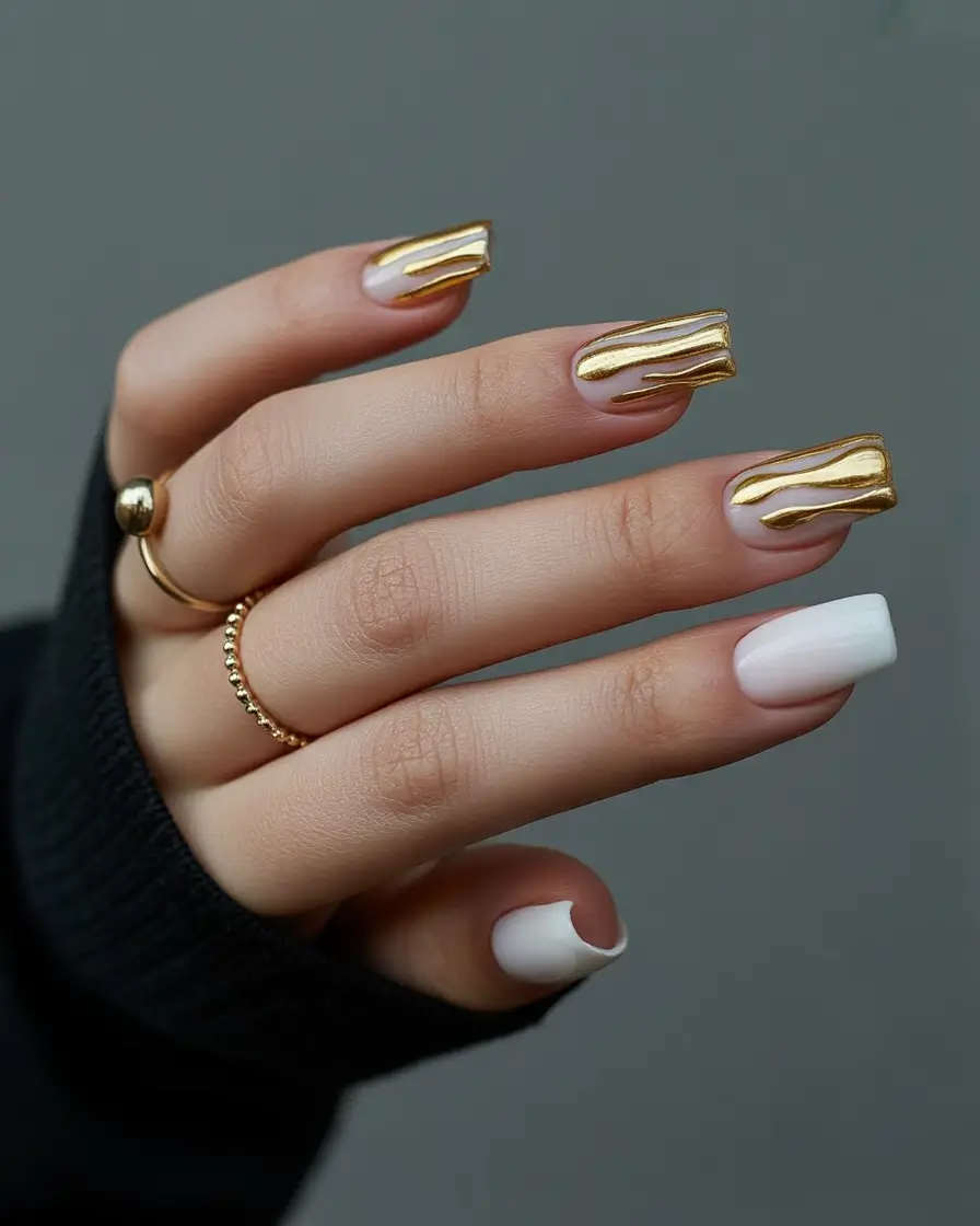 Square Shaped Fall Nails Ideas 2025 Golden Drip Statement