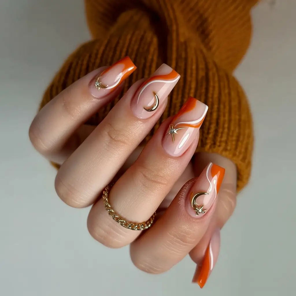 Square Shaped Fall Nails Ideas 2025 Fiery Waves with Golden Accents