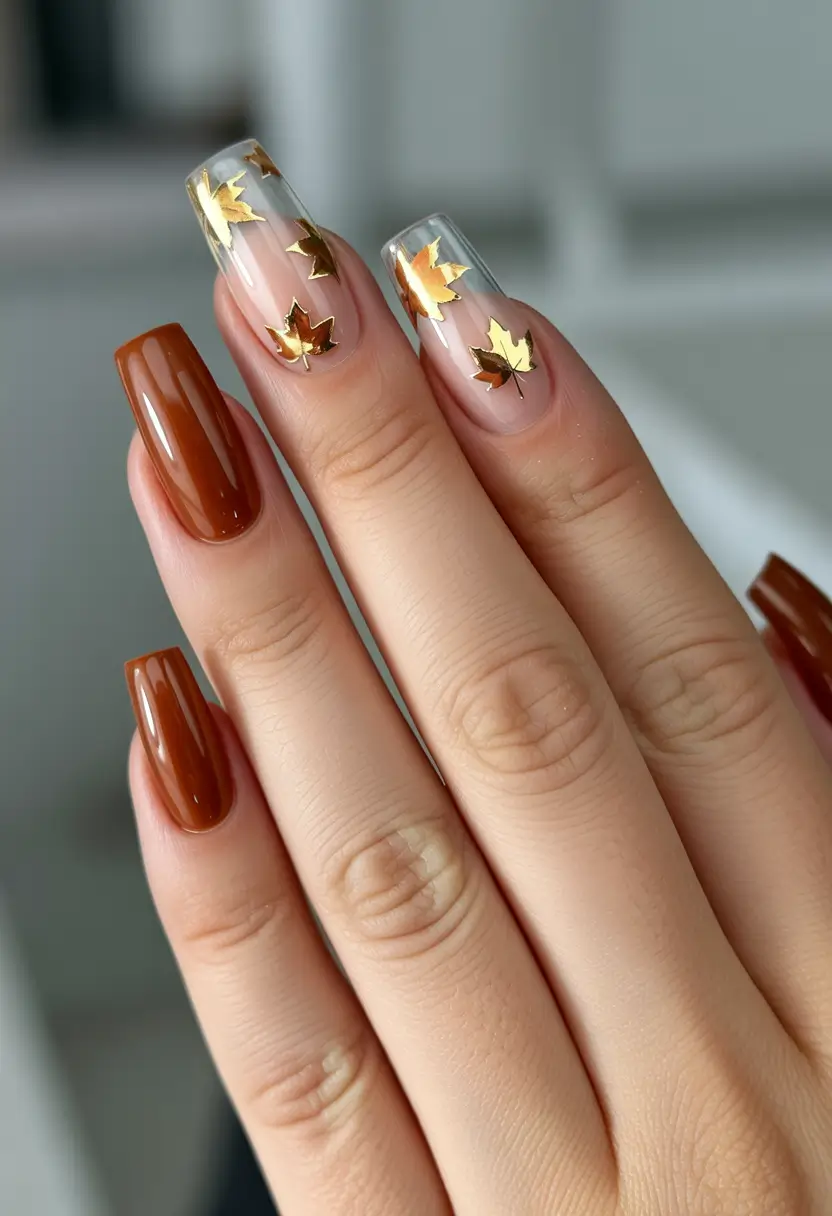 Square Shaped Fall Nails Ideas 2025 Golden Leaf Transparency