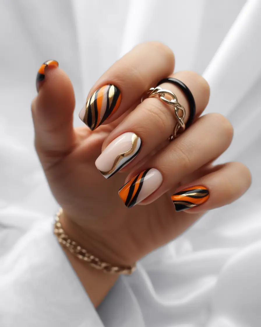 Square Shaped Fall Nails Ideas 2025 Autumn Stripes with Metallic Edge