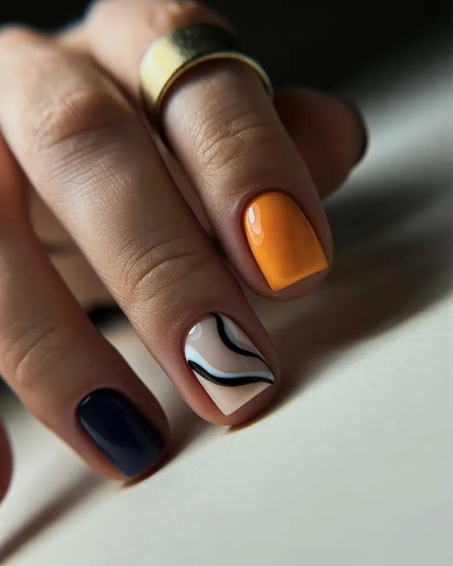 Square Shaped Fall Nails Ideas 2025 Playful Fall Color Blocking