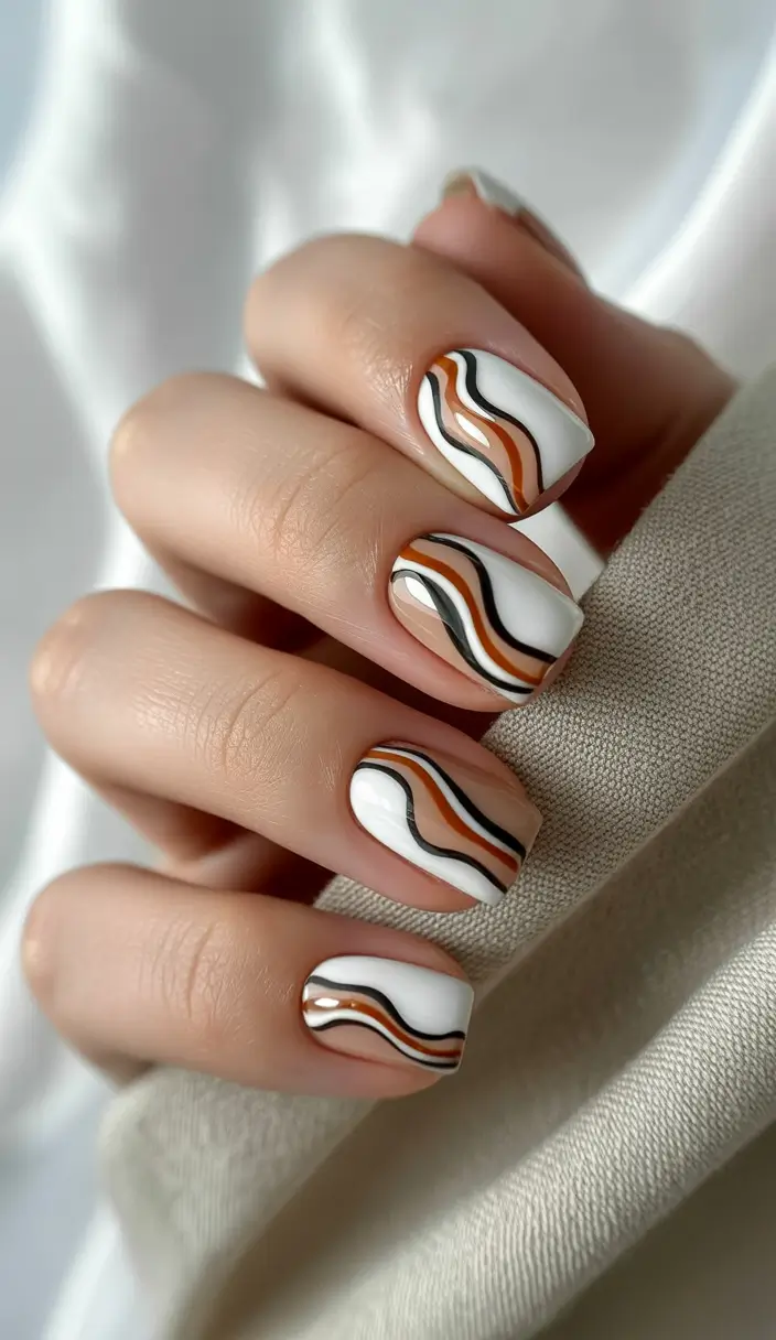 Square Shaped Fall Nails 2025 Abstract Autumn Waves