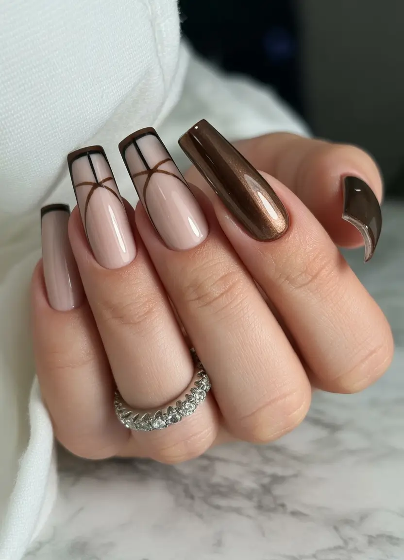 Square Shaped Fall Nails 2025 Chocolate Geometry