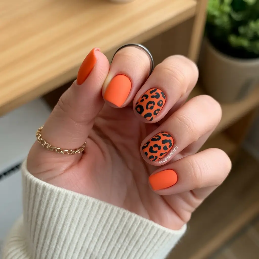 Square Shaped Fall Nails 2025 Playful Orange with Leopard Detail