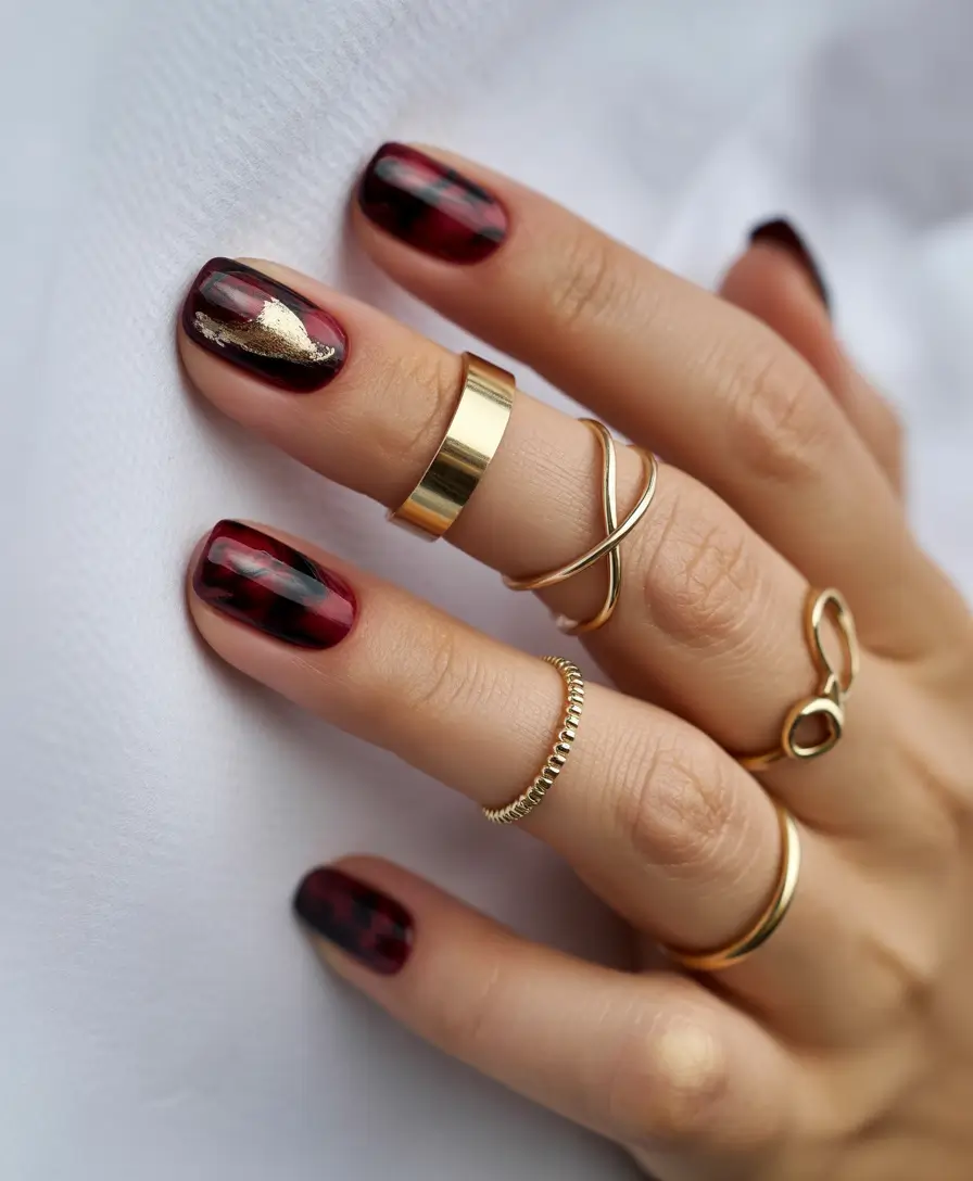 Square Shaped Fall Nails 2025 Deep Burgundy with a Golden Touch