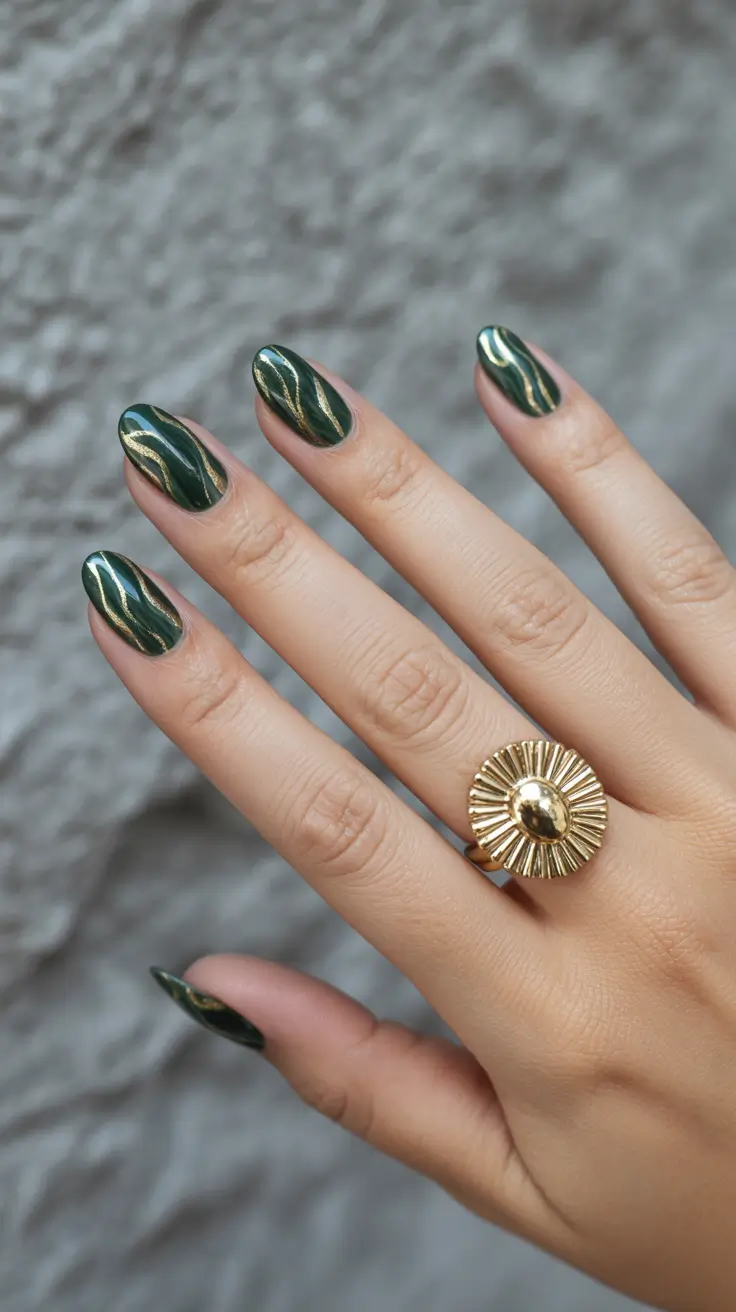 Square Shaped Fall Nails 2025 Emerald Waves with Golden Highlights