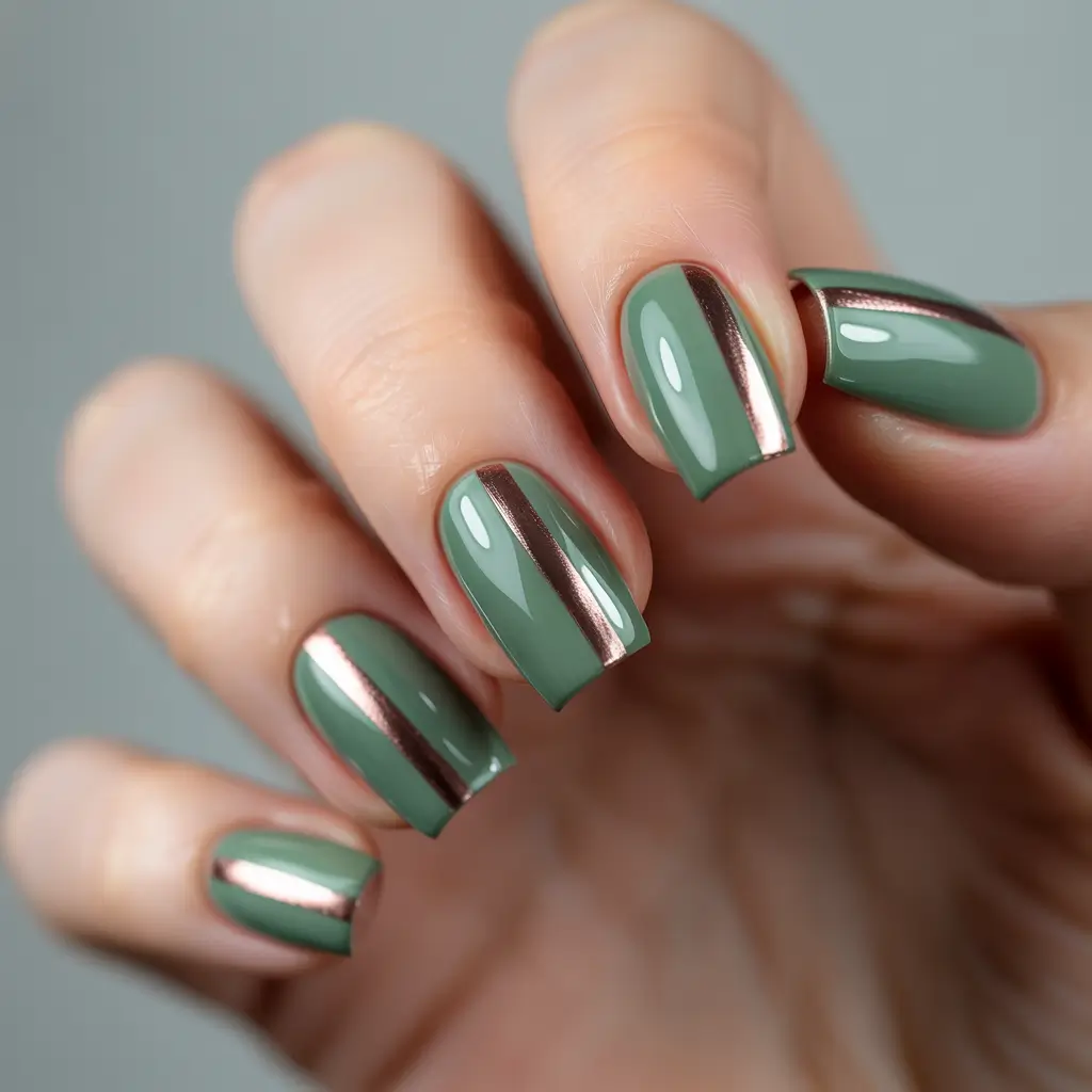 Square Shaped Fall Nails 2025 Moss Green with Metallic Stripe