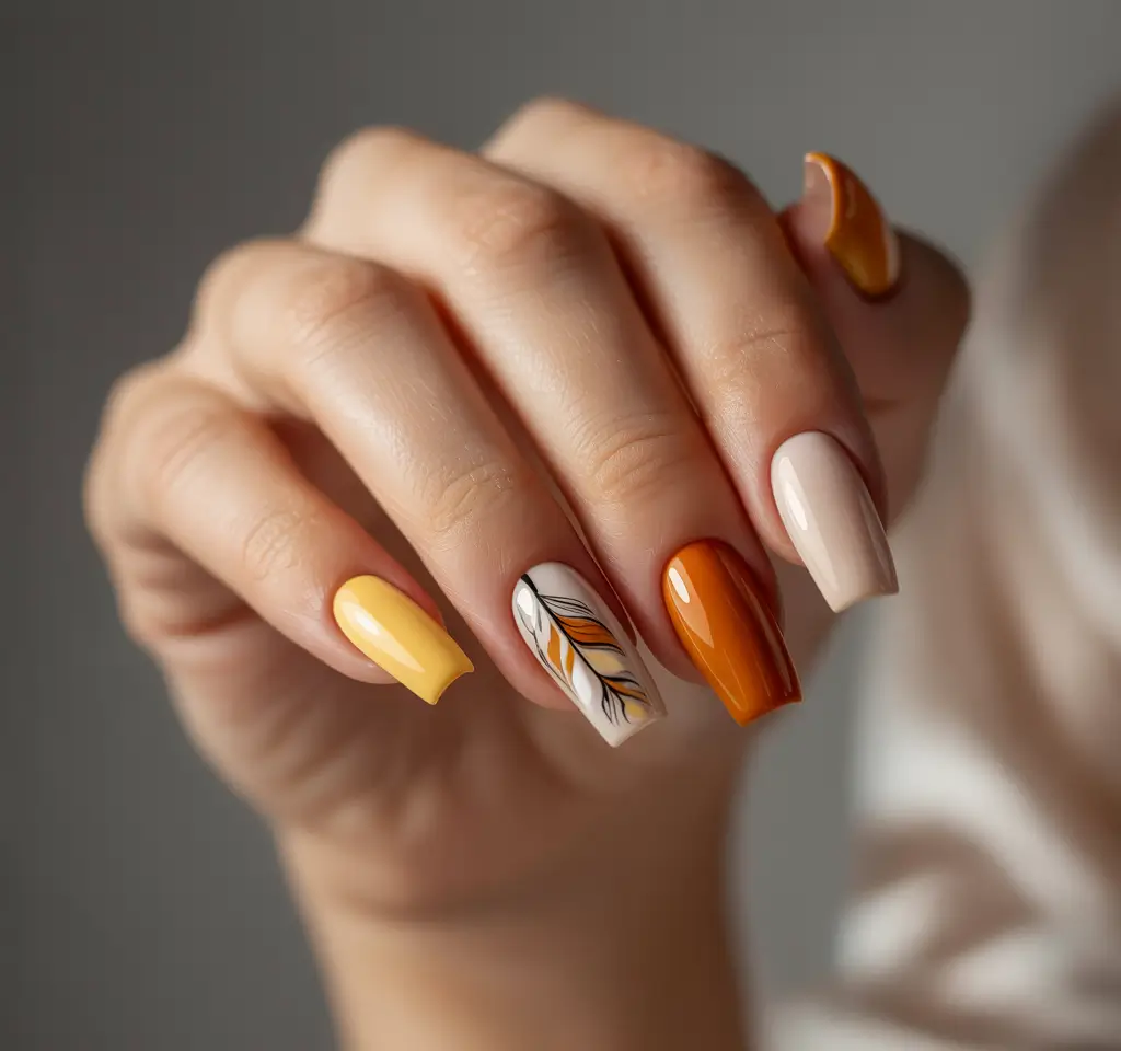 Square Shaped Fall Nails 2025 Autumn Tones with Leaf Detail