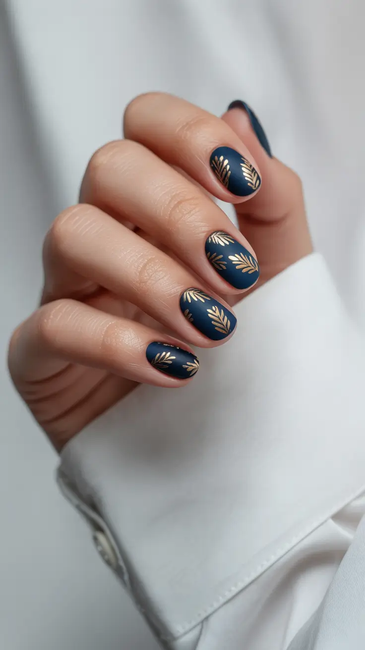 Square Shaped Fall Nails 2025 Midnight Blue with Golden Leaf Motifs