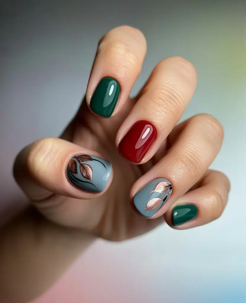 Square Shaped Fall Nails 2025 Earthy Mix with Metallic Leaves