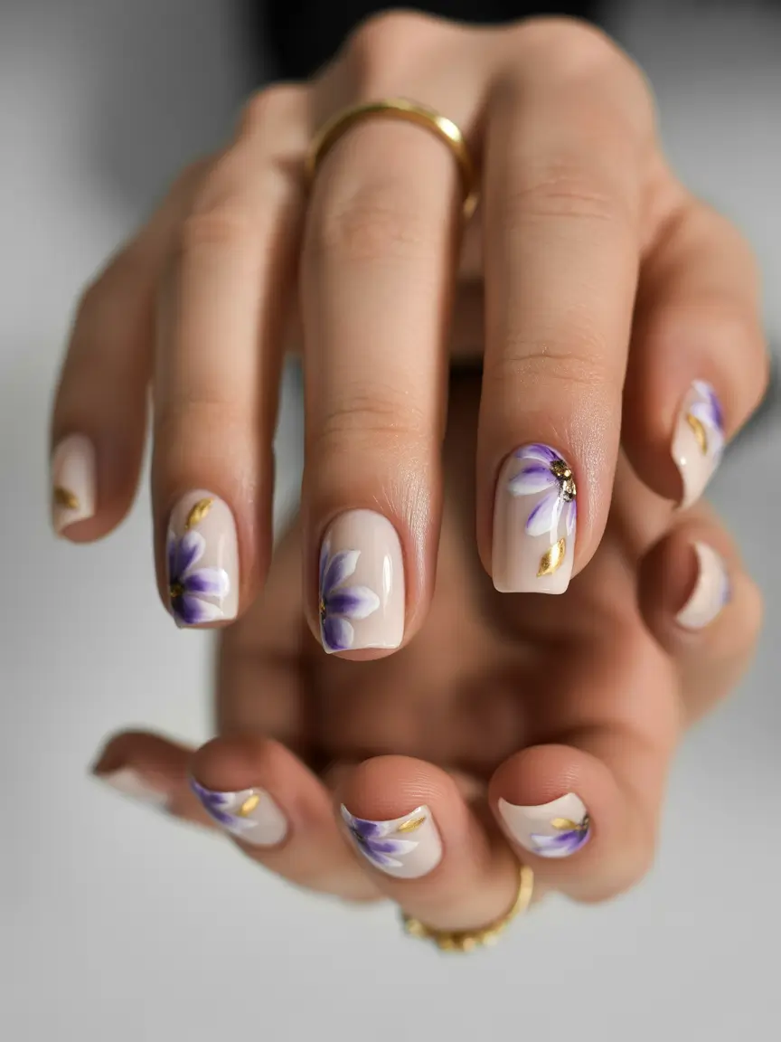 Square Shaped Fall Nails 2025 Soft Florals with Violet Petals