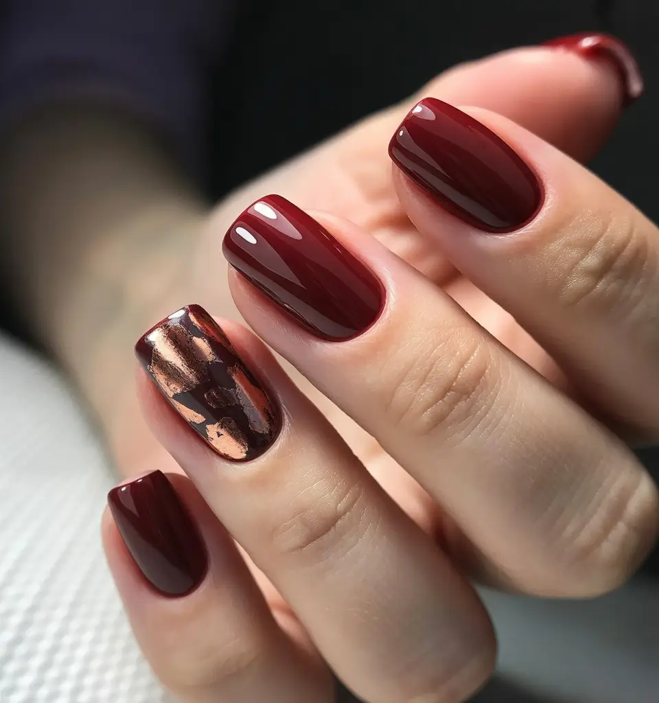 Square Shaped Fall Nails 2025 Classic Burgundy with Copper Accent