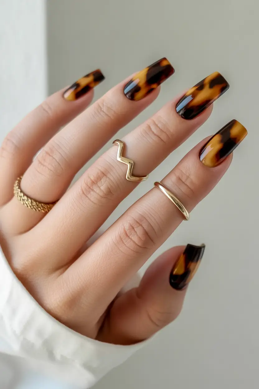 Square Shaped Fall Nails 2025 Tortoiseshell Elegance