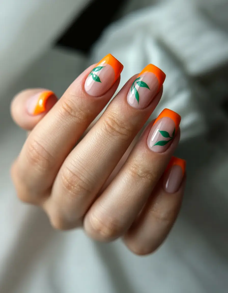 Square Shaped Fall Nails 2025 Bright Orange French with Green Accents