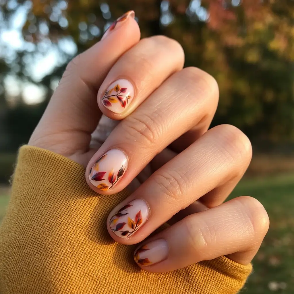 Square Shaped Fall Nails Ideas 2025 Autumn Branches in Bloom