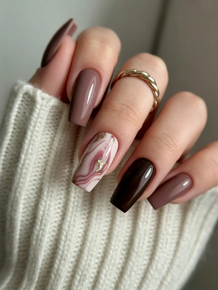Square Shaped Fall Nails Ideas 2025 Marble Elegance with a Fall Twist