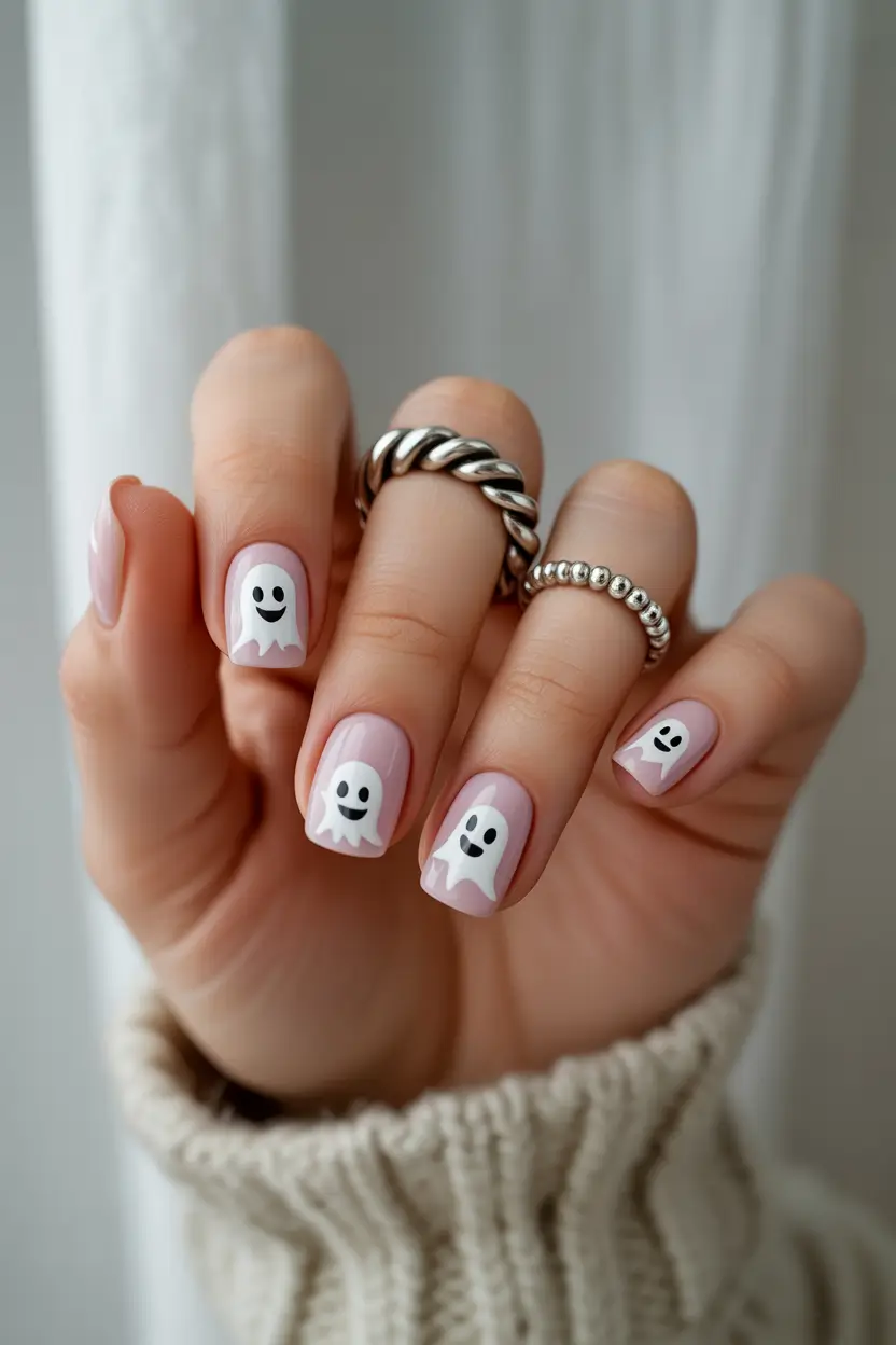 Square Shaped Fall Nails Ideas 2025 Playful Ghost Charm