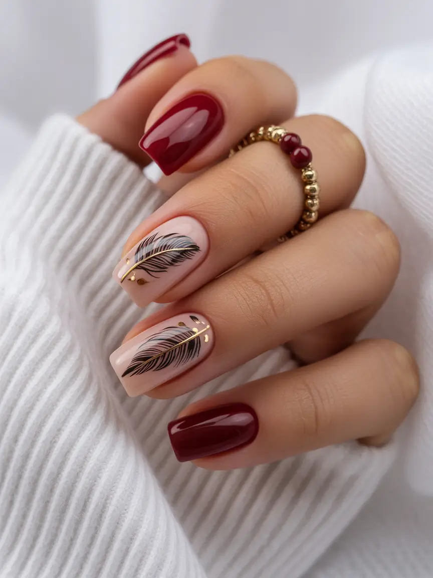 Square Shaped Fall Nails Ideas 2025 Crimson Glow with Feather Detail