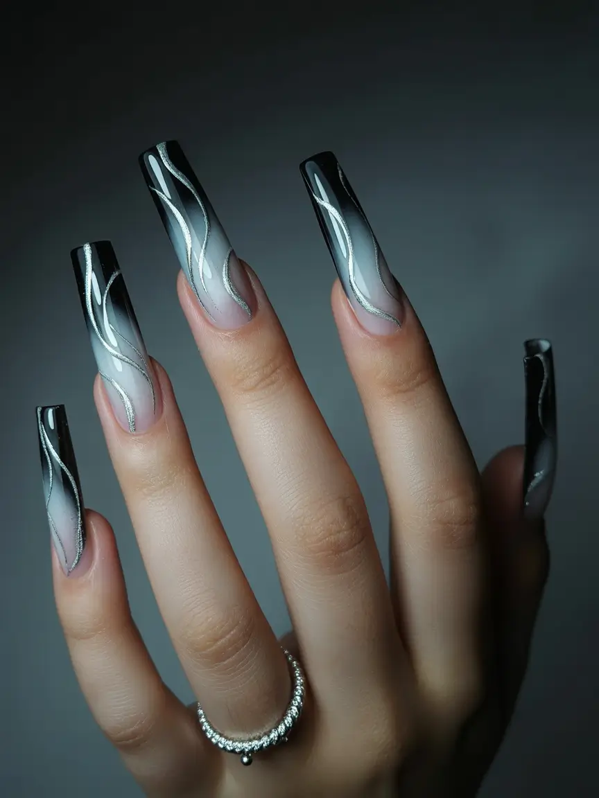 fall-coffin-nail-Smoky-Black-Ombre-With-Silver-Flames-Midnight-Edge