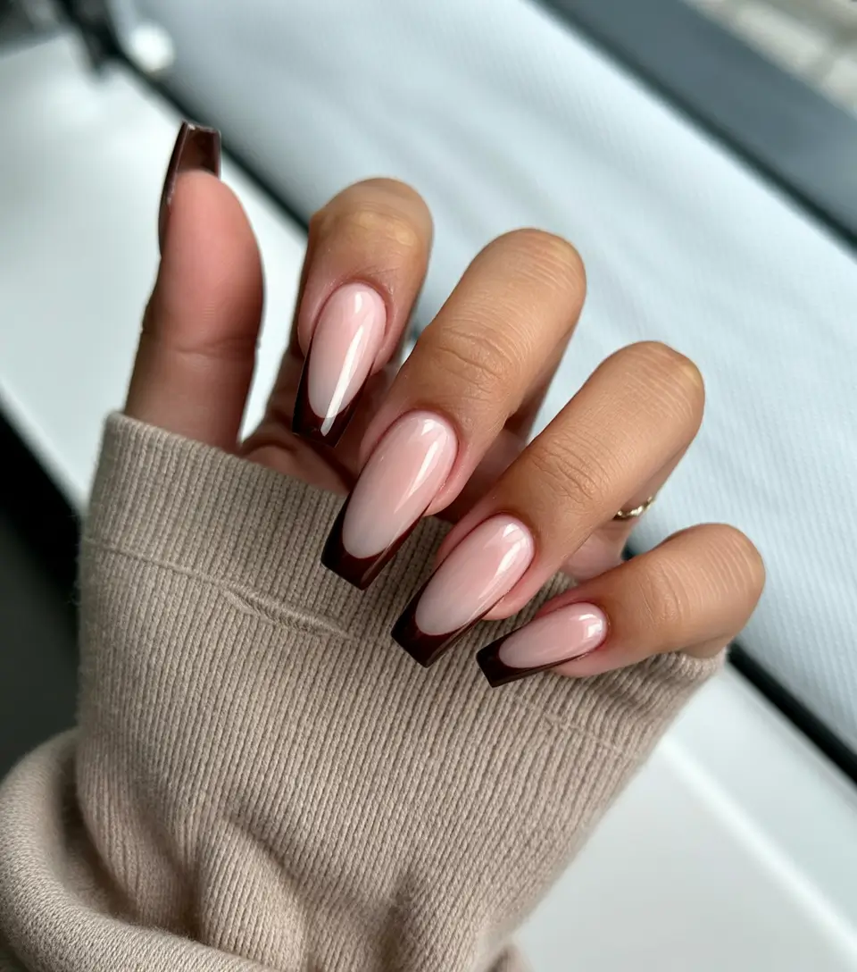 fall-coffin-nail-Espresso-Tips-on-Glossy-Nude-Sultry-Simplicity