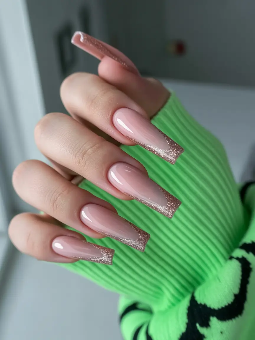 fall-coffin-nail-Rose-Gold-Glitter-Tips-Cozy-Glam-You-Can-Wear