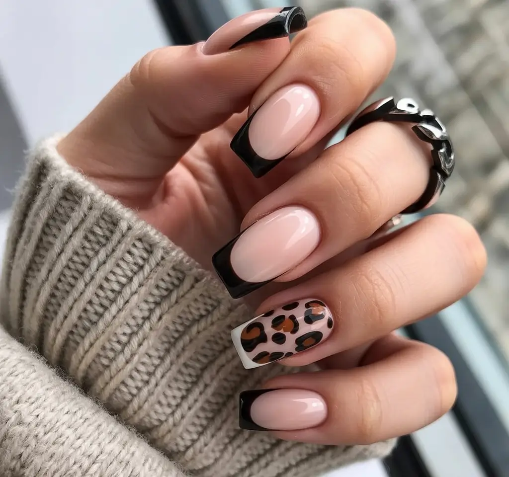 Stylish Fall French Tip Nails 2025 - Glossy Noir French with Leopard Accent