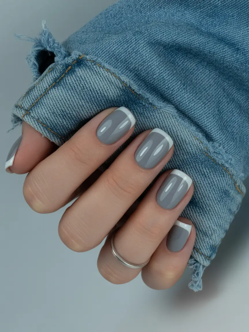 Stylish Fall French Tip Nails 2025 - Cool-Grey Short French with Slim White Contour