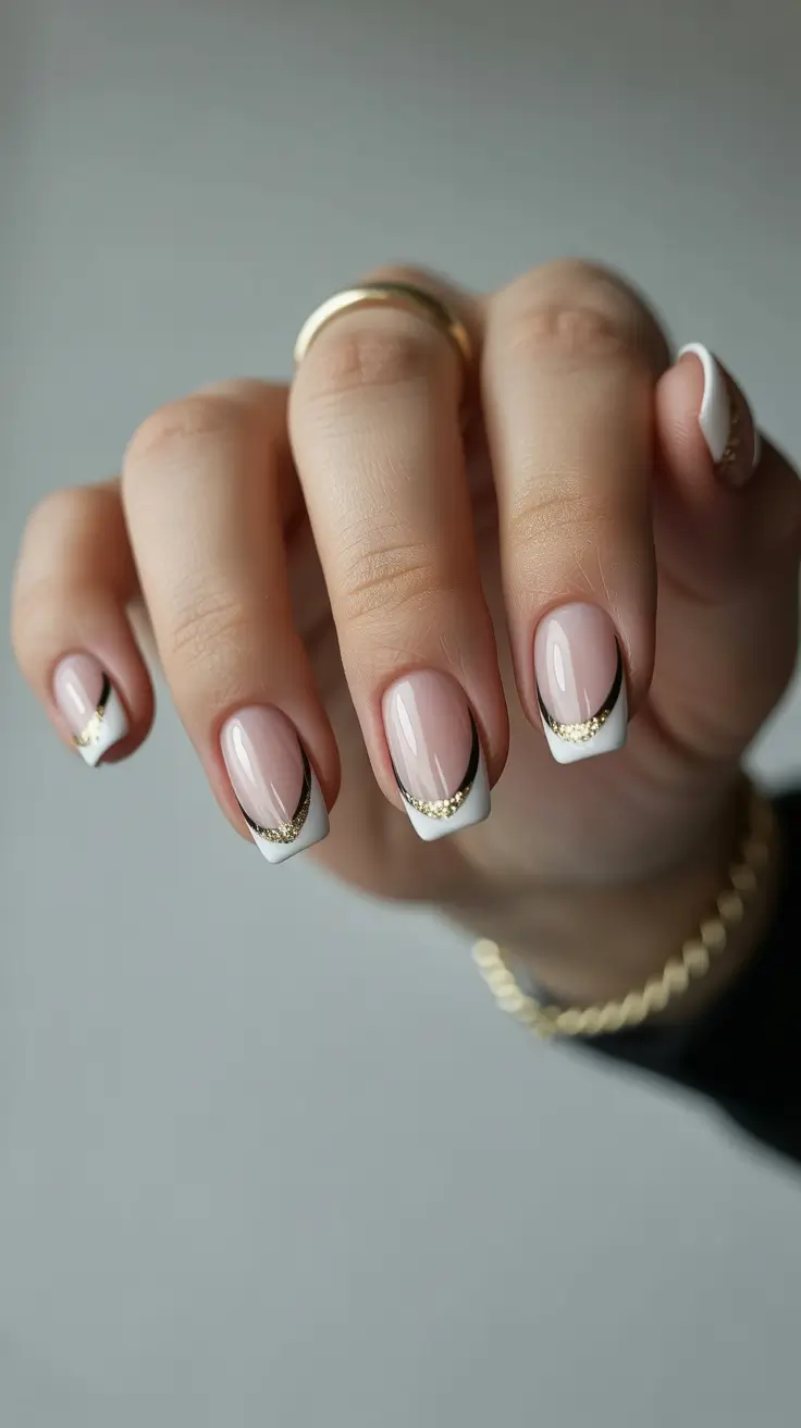 Stylish Fall French Tip Nails 2025 - V-Cut White French with Black Trace and Gold Spark