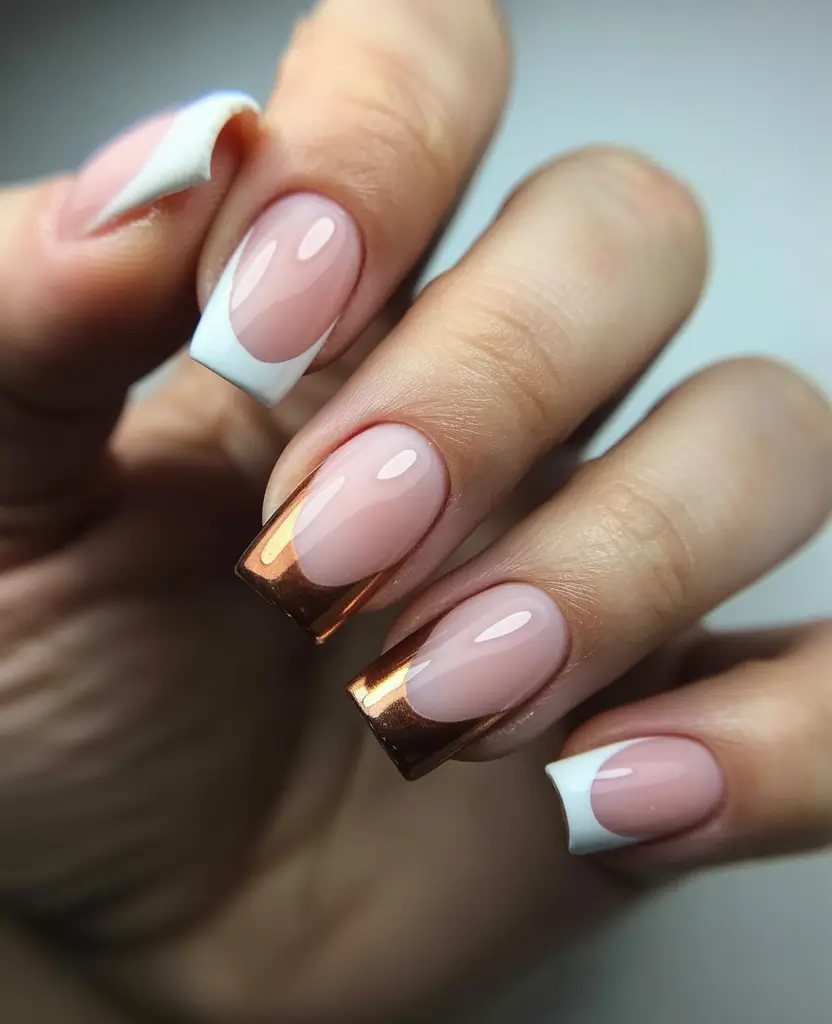 Stylish Fall French Tip Nails 2025 - White Meets Copper-Chrome French Mix