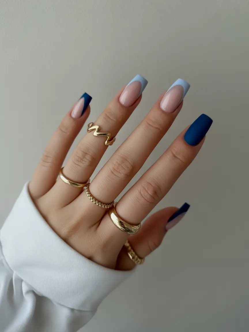 Stylish Fall French Tip Nails 2025 - Matte Navy Block French on Long Coffin